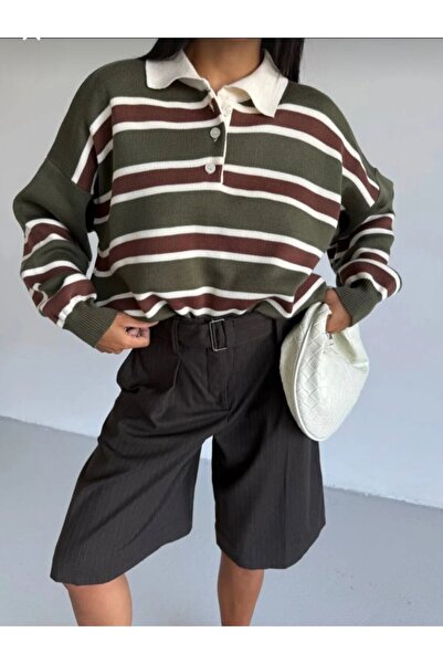 trivvy Striped Buttoned Polo Collar Knitwear Sweater