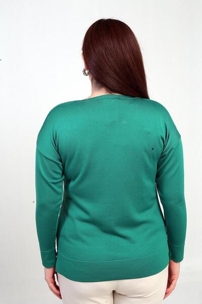 By Saygı Women's V-Neck Shoulder Stone Print Plus Size Knitwear Blouse