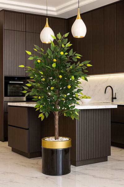 Altun Çiçekcilik Yapay Limon Ağacı 150 Cm Yeşil Yaprakları Lux Metal Saksı Dahil