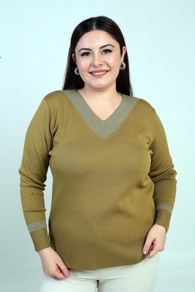 By Saygı Women's V-Neck Glitter Detailed Plus Size Blouse