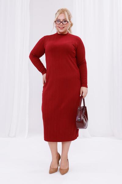 Madwilo Women's Burgundy Turtleneck Stretchy Twist Knitwear Plus Size Dress