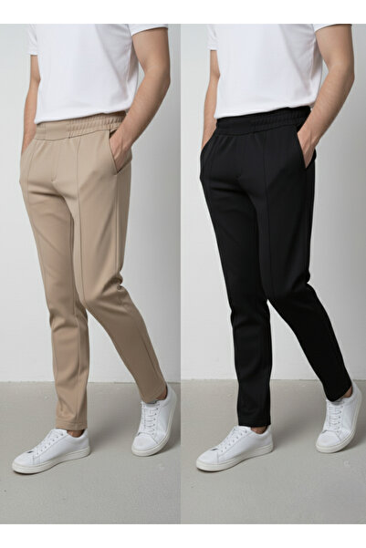 ZUZUQO 2-Piece Modal Fabric Ribbed Detailed Premium Pants with Elastic Waist