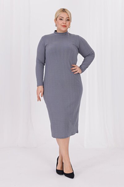 Madwilo Women's Gray Turtleneck Stretchy Twist Knitwear Plus Size Dress