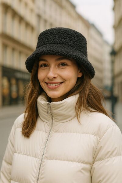 FELLMENS Black Soft Textured Curly Plush Bucket Women's Hat