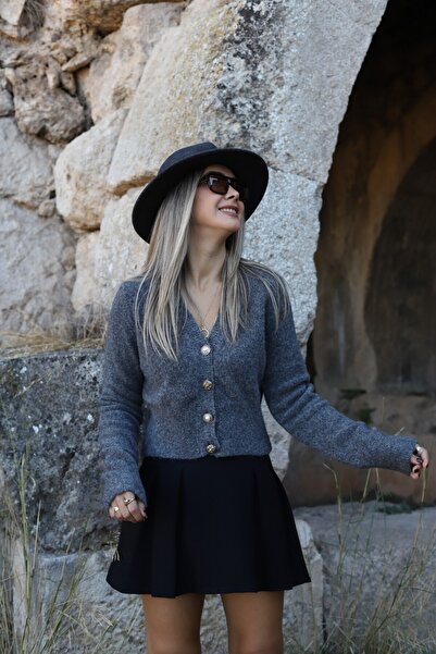 bytugcekaya Anthracite Standard Size V-Neck Buttoned Cardigan
