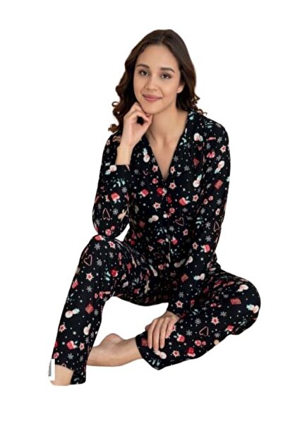 Manolya Women's Suede Shirt Collar Buttoned through Black New Year Themed Long Sleeve Pajama Set
