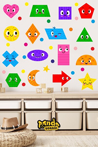 PANDA SOKAĞI Sevimli Geometrik Şekiller Eğitici Anaokulu Çocuk Odası Kreş Duv...