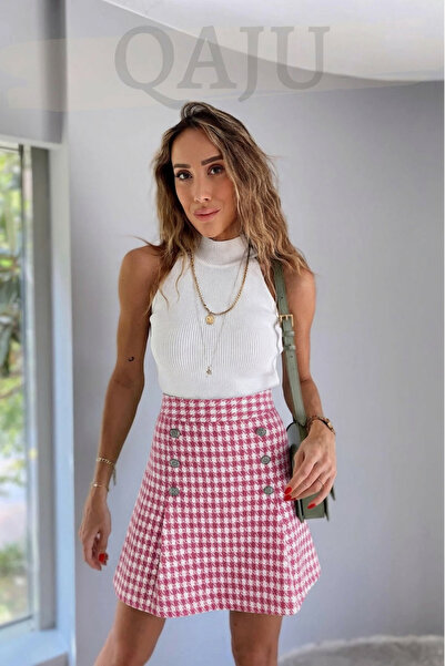 Qaju Жіноча міні-спідниця з рожевим екру з візерунком «гусяча лапка»