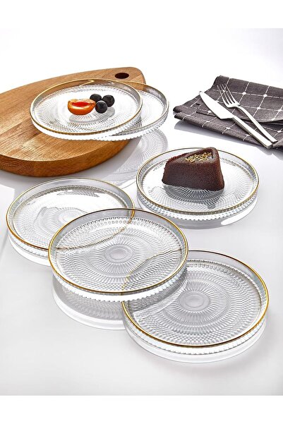 E&D Collection 6' lı Cam Kek Pasta Tabağı Seti - Yaldızlı Lüks Pasta Takımı(1...