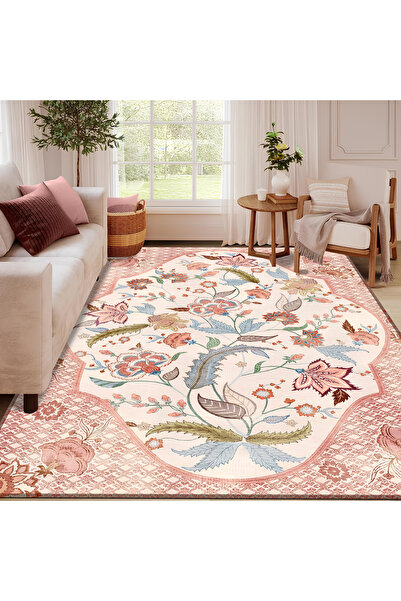 rugseason Pembe Çiçekli Göbekli Dokuma Taban Kilim Salon Mutfak Oturma Odası ...