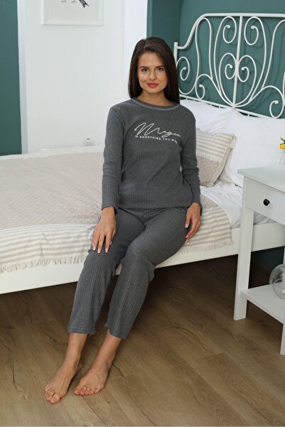 FORVENS Set de pijamale pentru femei cu mâneci lungi și decolteu cu interlock