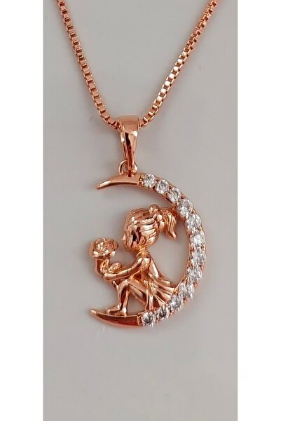 Çelik Xuping Zirkon Taşlı Gül Tutan Kız Figürlü Kolye - gold rose - 45 cm