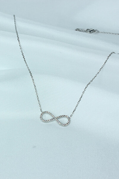 Amora Perla Jewelry Sonsuzluk Model Taşlı Gümüş Kolye – 925 Ayar, Beyaz Rodaj...