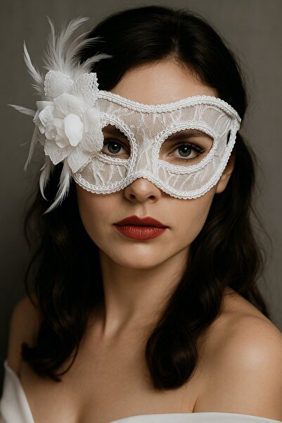 TOYFEST Lace Themed Tulle Feathered Floral Mask White Eye Mask Stylish Party Costume Accessory