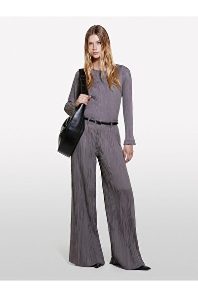 Sisley Long Sleeve Round Neck Blouse with Flared Hem Detail Women's Smoked Blouse - 324A5Iwwlq07D