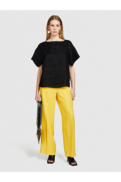 Sisley 100% Linen Relaxed Fit Boat Neck Blouse Women's Black Blouse - 324P5Bmllq06R