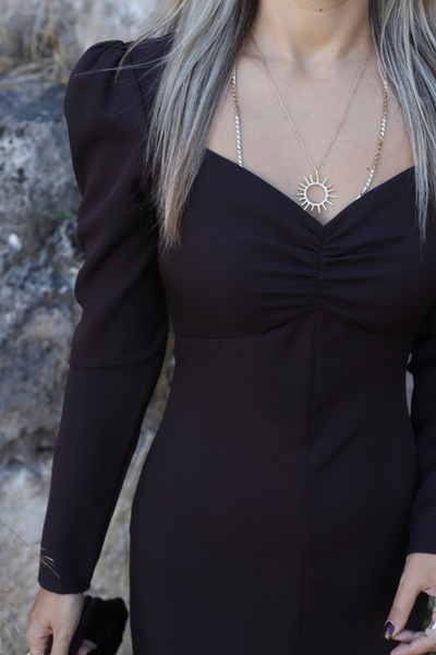 bytugcekaya Coffee Heart Neckline Long Sleeve Dress