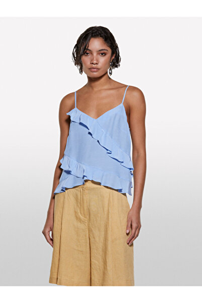 Sisley 100% Viscose Ruffle Detailed V-Neck Strap Top Women's Blue Blouse - 325P5Lntlh01J