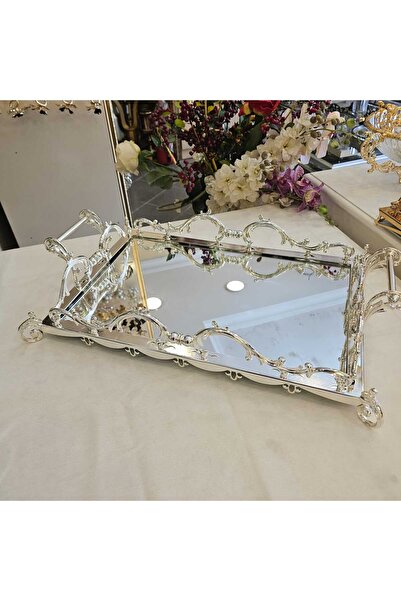 MaviDamla KULPLU METAL DÖKÜM TEPSİ GÜMÜŞ 46*32 CM