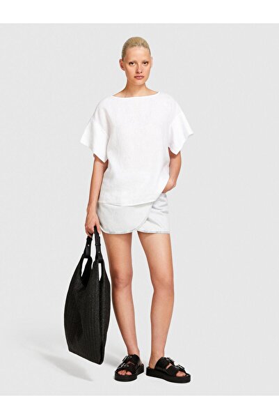 Sisley 100% Linen Relaxed Fit Boat Neck Blouse Women's White Blouse - 324P5Bmllq06R