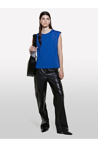 Sisley 100% Cotton Appliqued Crew Neck Sleeveless Blouse Women Cobalt Blue Blouse - 324A351Sl106J