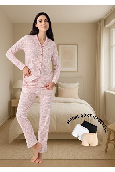 Pierre Cardin Long Sleeve Pink Shirt Collar Cotton Modal Pajama Set Thcl81Pc