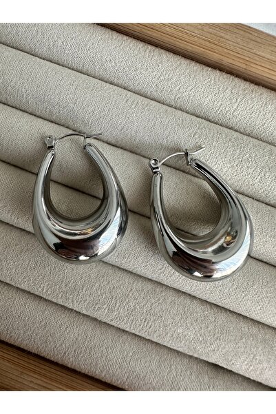 ringbox Oval Damla Çelik Kararmaz Gümüş Renk Küpe