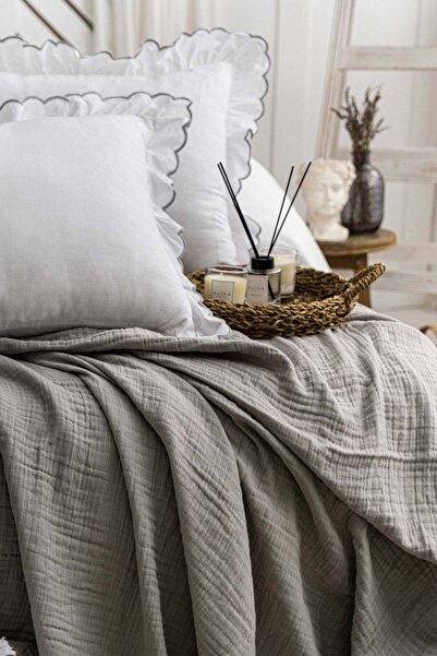 Çulha طقم غطاء سرير مزدوج من الموسلين، 100% قطن، لون رمادي من فيونا