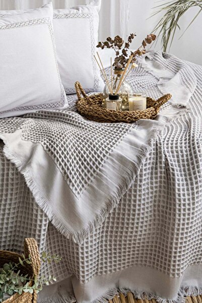 Çulha ريفا جراي، 100% قطن، طقم غطاء سرير مزدوج بنمط الوافل