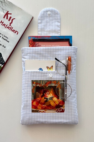 Outlet Çarşım غلاف كتاب مع جيب، هدية لمحبي الكتب ذات طابع شتوي من نوع Blue Gingham