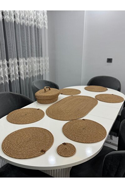 Öz-Tex Home Jüt,Hasır renk Amerikan Servisi, 6 Supla 1 Runner 6 Bardak Altlığı 1 Ekmek Sepeti,Supla Takımı