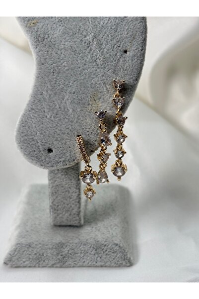 Uzak Işıklar Çelik küpe sallantılı zirkon taşlı üçlü set gold