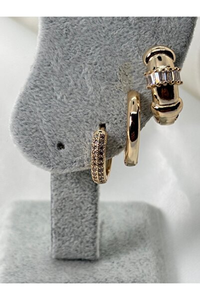 Uzak Işıklar Çelik küpe halka model zirkon taşlı üçlü set gold