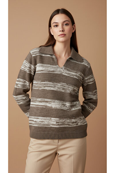 Digz fashion Brown Muline Striped Polo Neck Knit Sweater