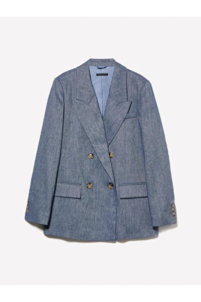 Sisley Jachetă Blazer Comfort Fit cu două rânduri de nasturi din amestec de in pentru femei, jachetă albastră - 325P2MNULW02Y