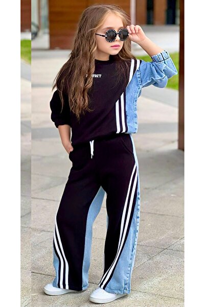 Calisa Girl's Jeans Paneled Striped Trousers Sweat 2-Piece Set