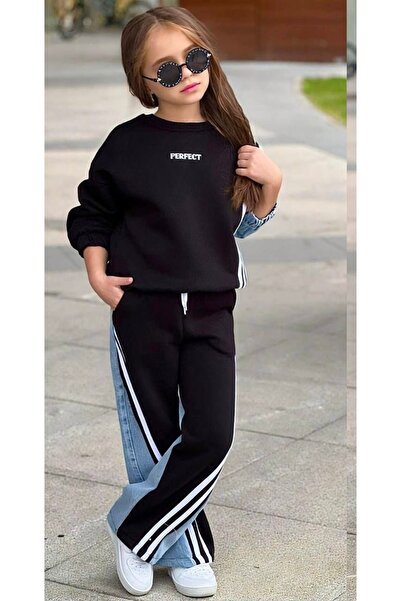 Calisa Girl's Jeans Paneled Striped Trousers Sweat 2-Piece Set