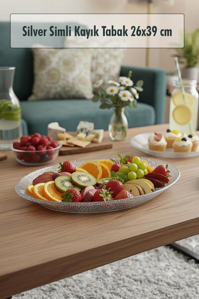Depa Silver Simli Büyük Kayık Tabak Sunum & Servis Tabağı - 26,5 x 39,5 cm