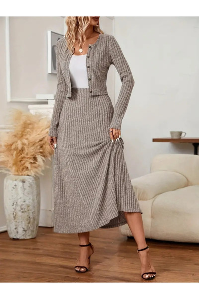 Meleners Women's long sleeve front button blouse and high waist a-line long skirt raised rib knit double set