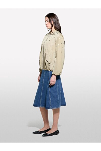 Sisley Stone Detailed Lightly Padded Bomber Jacket Women's Sand Color Jacket - 325P2Zcrln05L