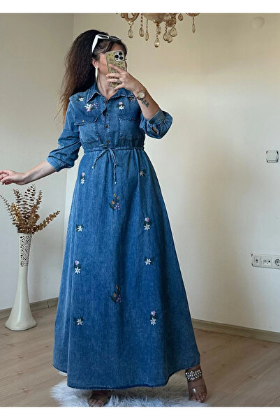 AZRA BUTİK Embroidered Denim Dress