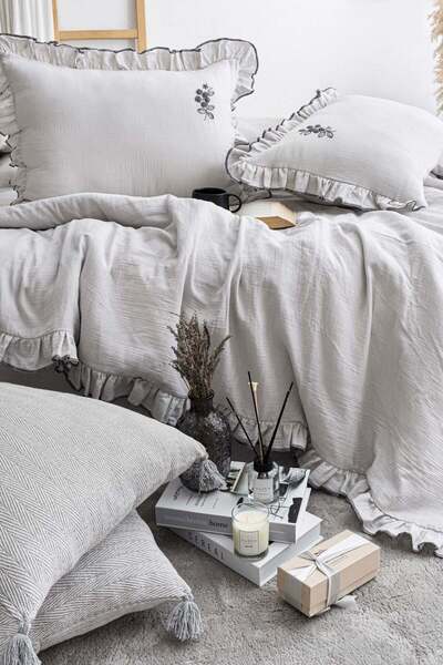 Çulha طقم غطاء لحاف من القطن بنسبة 100%، مزدوج، مطرز بالموسلين، من LILY GRAY