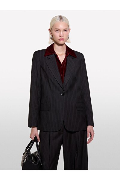 Sisley Wool Blended Single Button Pinstripe Jacket Women Black B Printed - 324A2C3Dlw02J