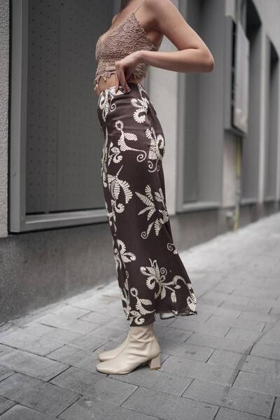 winmoda Patterned Long Satin Skirt - Satin Skirt - Patterned Satin Skirt