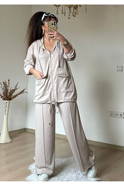 AZRA BUTİK Zippered Sports Set Beige