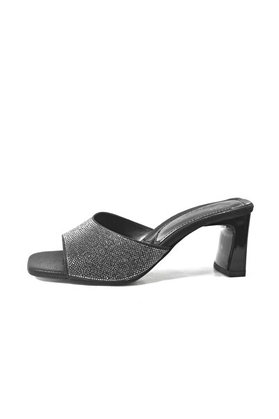 Beety Silver & Black Stone Thick Heeled Women's Evening Dress Slippers