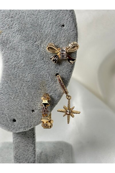 Uzak Işıklar Steel Earrings with Zircon Stone Dangling North Star Triple Set ...