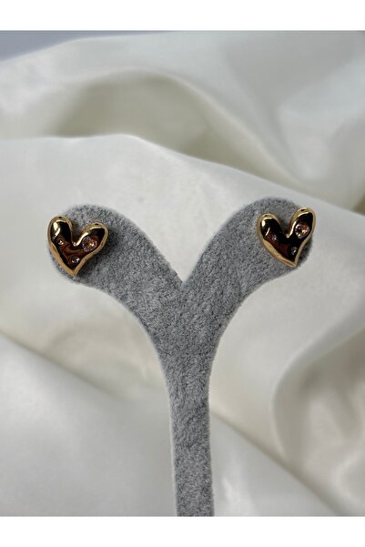 Uzak Işıklar Steel Earrings with Zircon Stone, Gold Model, Heart-Shaped