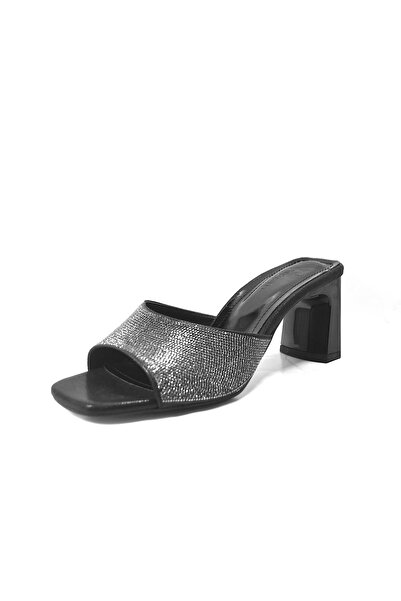 Beety Silver & Black Stone Thick Heeled Women's Evening Dress Slippers