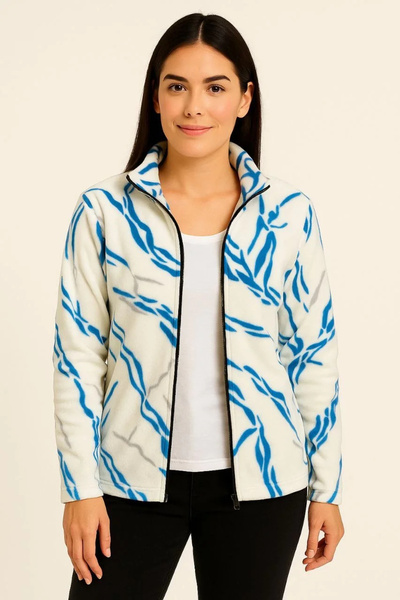 hibiscus Women's Full Zipper Patterned Fleece Sweat Lightning Pattern Collar, Long Sleeve, Oversized Comfortable Fit - B